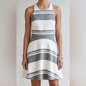 Striped High-Neck Fit & Flare Mini Dress in Grey and White